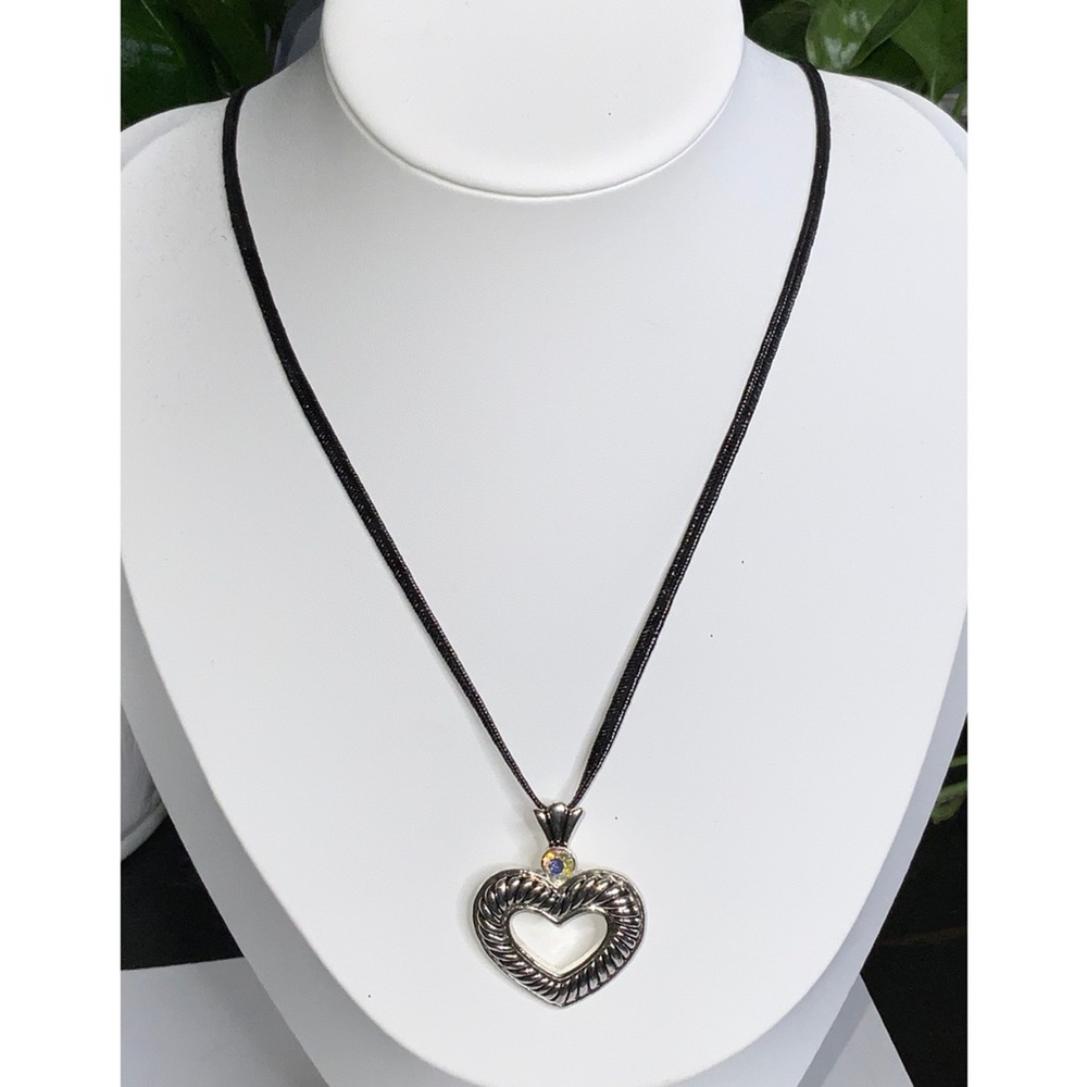 Silver Heart Pendant Necklace On Black Sparkly Fabric Necklace 18”